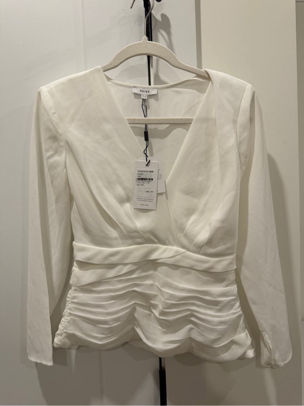 Reiss White V-Neck Ruched Peplum Blouse